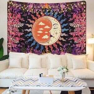 𝅺PSYCHEDELIC Moon Stars Garden Flower Tapestry Mandala Living Room Bedroom Dorm